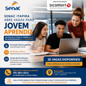 Senac Itapira abre vagas gratuitas para empresas interessadas em formar jovens aprendizes